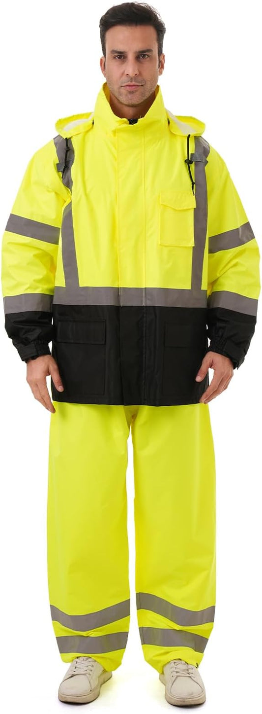 Hi Vis Safety rain Jacket，Reflective Class 3 Rain coat with Inner Mesh Lining and Pockets High Visibility Waterproof work Rain Suits for men&women（Lime,2XL/3XL）