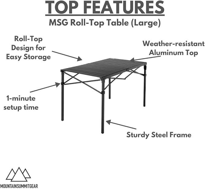 MOUNTAIN SUMMIT GEAR Heavy-Duty Roll-Top Table for Camping (Large) - Portable Aluminum-Top Folding Table with Steel Frame by Caddis Sports