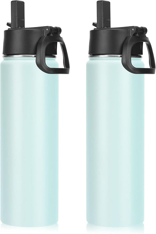 Neihepal 22 oz Insulated Water Bottles with Leak Proof Straw Lid, Wide Mouth Double Walled Vacuum Stainless Steel Metal Water Bottle (Fog,2 Pack)