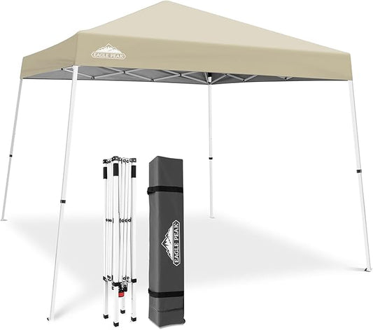 EAGLE PEAK 10x10 Slant Leg Pop-up Canopy Tent Easy One Person Setup Instant Outdoor Beach Canopy Folding Portable Sports Shelter 10x10 Base 8x8 Top (Light Beige)