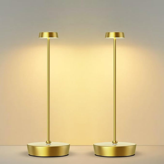 Cordless LED Table Lamp，Rechargeable Battery Desk Lamps, 3 Color Stepless Dimmable Metal Battery Table Lamps, Portable Waterproof Table Light for Indoor/Outdoor/Restaurant (2Pack Brass)