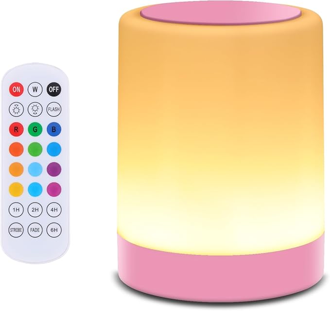 OORUN Touch Bedside Table Lamp,13 RGB Colors & 5 Brightness, USB Rechargeable Desk Lamp, Remote Control Dimmable Night Light with RGB Color Changing,Portable Lamp for Baby, Bedroom, Living Room (Pink)