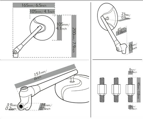 KiWAV Magazi Motorcycle Mirror retro black 8mm for scooter moped atv pair