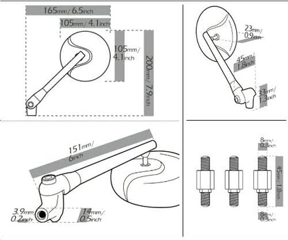 KiWAV Magazi Motorcycle Mirror retro black 8mm for scooter moped atv pair