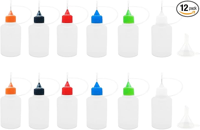 12 Pcs Precision Tip Applicator Bottles, 1 Ounce Translucent Glue Bottles, with 2 Mini Funnel for Paper Quilling DIY Craft, Multicolor Lids