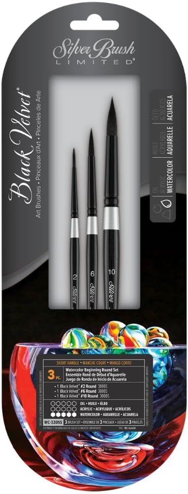 Silver Brush Limited WC-3205s Black Velvet Watercolor Beginning Round Set, Set of 3, Sizes 2, 6, and 10 Round Paintbrushes, Short Handle