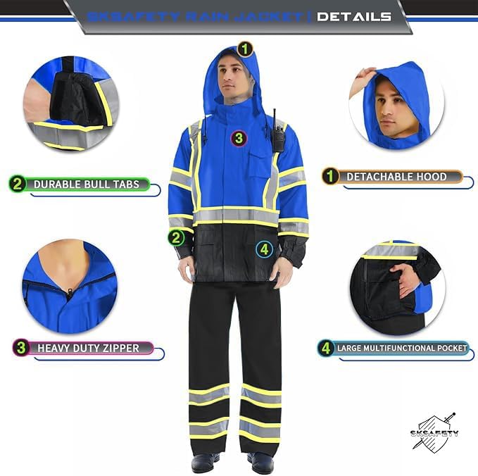 SKSAFETY Hi Vis Reflective Rain suits for Men Waterproof - High Vis Safety Rain Jacket, High Visibility Raincoat for Men