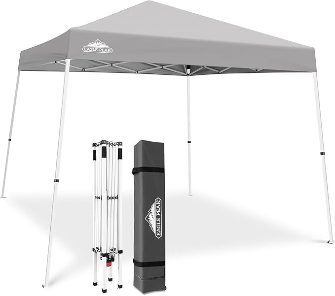 EAGLE PEAK 10x10 Slant Leg Pop-up Canopy Tent Easy One Person Setup Instant Outdoor Beach Canopy Folding Portable Sports Shelter 10x10 Base 8x8 Top (Light Gray)