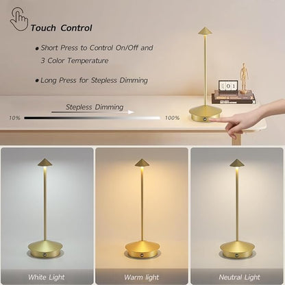 2 Pack Cordless Table Lamp Battery Lamp, Portable LED Desk Lamps,6000mAh Rechargeable Battery Operated Lighting for Bedroom Dining Room Restaurant Patio Shop Camping Night Light (Gold)