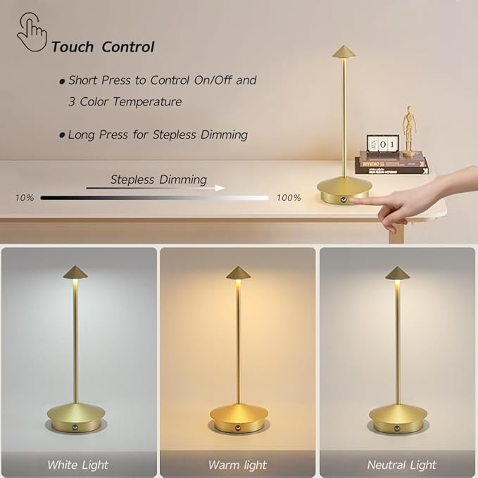 EJQ 2 Pack LED Rechargeable Cordless Table Lamps,Portable Outdoor 5000mAh Battery Operated Table Light Touch Control 3 Color Dimmable for Patio/Cofee/Restaurant/Camping/Dining/Bedroom-Gold