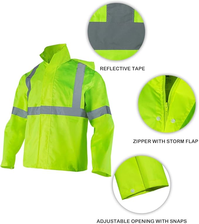 FONIRRA Class 3 High Visibility Rain Suit With Collapsible Hood Lime Reflective Safety Waterproof Worker Jacket & Pants (L/XL Yellow)