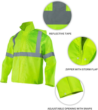 FONIRRA Class 3 High Visibility Rain Suit With Collapsible Hood Lime Reflective Safety Waterproof Worker Jacket & Pants (L/XL Yellow)