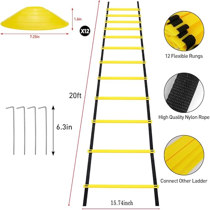 Professional Agility Ladder Speed Training Equipment Set-20ft Agility Ladder,12 Soccer Cones, 4 Agility Hurdles, Running Parachute, Suitable for Soccer Football Basketball Training