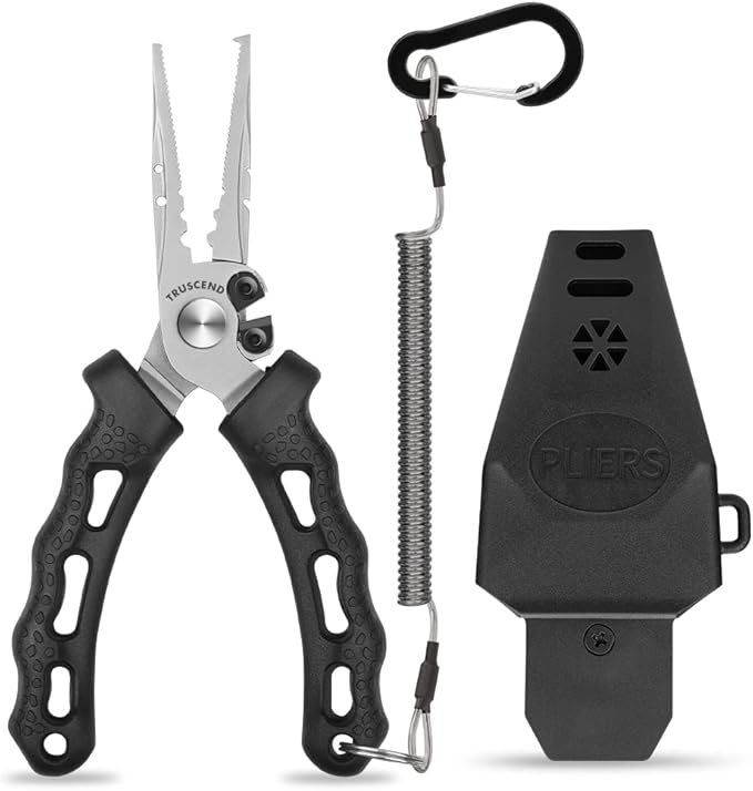 TRUSCEND Lockable Handy Fishing Pliers with Innovative Ergonomic Handle, Saltwater Corrosion Resistant Teflon Coated Fishing Tool, Multi-Function Fishing Gear with Mo-V Cutter