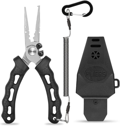 TRUSCEND Lockable Handy Fishing Pliers with Innovative Ergonomic Handle, Saltwater Corrosion Resistant Teflon Coated Fishing Tool, Multi-Function Fishing Gear with Mo-V Cutter