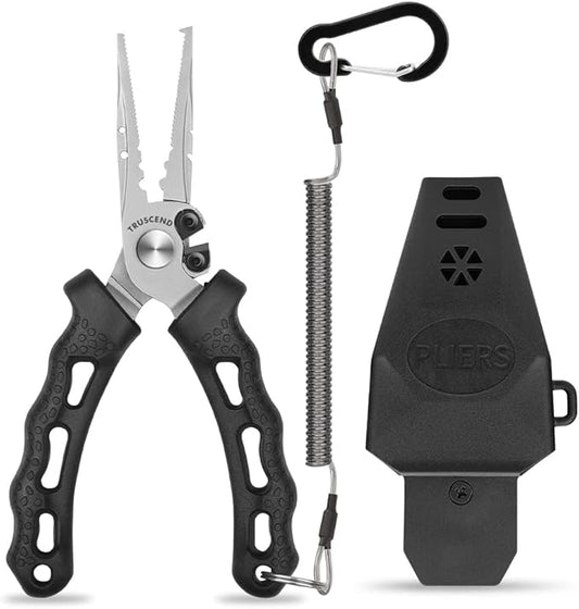 TRUSCEND Lockable Handy Fishing Pliers with Innovative Ergonomic Handle, Saltwater Corrosion Resistant Teflon Coated Fishing Tool, Multi-Function Fishing Gear with Mo-V Cutter