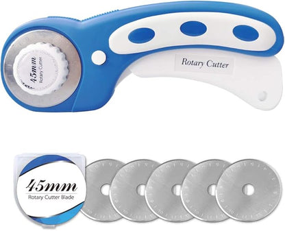 Headley Tools 45mm Rotary Cutter with 5pcs Extra Rotary Blades, Ergonomic Rolling Cutter with Safety Lock for Fabric, Sewing, Quilting, Cloth, Paper, Leather, Crafting, Fabric Rotary Cutter(Navy Blue)