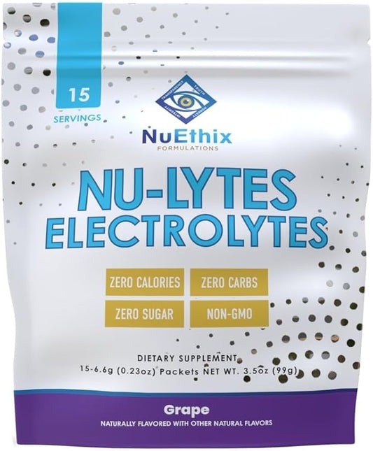 NuEthix Formulations NU-LYTES Electrolytes Hydration Packets, Zero Calories, Zero Sugar, Zero Carbs, Non-GMO, Electrolytes Powder Packets, Glycogen Replenishment, 15 Servings (Grape)