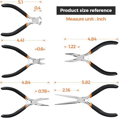 LIFEGOO 5 Pieces Mini Pliers Set – Durable Precision Tool Kit for Crafts, Jewelry & DIY, Includes Long Needle Nose, Bent Nose, Diagonal, End Cutting, Nipper (Black)