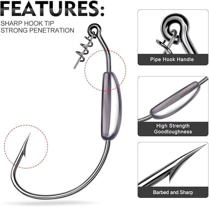 Fishing Hooks for Bass Fishing - 100pcs EWG Offset Worm Hook Texas Rig Hooks for Freshwater Saltwater Size 1/0 2/0 3/0 4/0 5/0 - Soft Lures Worms Plastics Bait Fishing Hook with Tackle Box