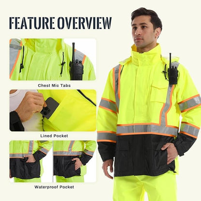 SKSAFETY Hi Vis Reflective Rain suits for Men Waterproof - High Vis Safety Rain Jacket, High Visibility Raincoat for Men