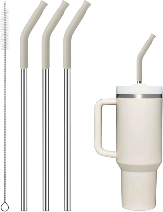 Reusable Metal Straws with Silicone Tip for Stanley 40oz,Stainless Steel Drinking Straws for 40oz Tumbler,3 Straight Tubes & 6 Tips& 1 Cleanr Brush(Cream)