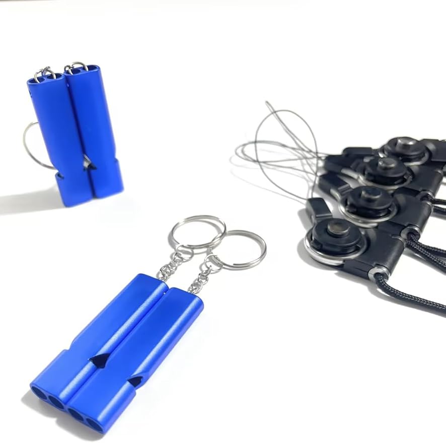 4-Pack Loud 120dB Double Tube Emergency Whistle - Aluminum Alloy, Corrosion-Resistant Safety Whistle with Lanyard & Keychain-Ideal for Camping Hiking Boating Fishing Survival Tool