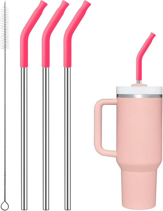 Reusable Metal Straws with Silicone Tip for Stanley 40oz,Stainless Steel Drinking Straws for 40oz Tumbler,3 Straight Tubes & 6 Tips& 1 Cleanr Brush(Pink Dusk)