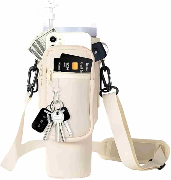 dabria Water Bottle Carrier Bag with Phone Pocket for Stanley 40/30 oz Tumbler Neoprene Water Bottle Holder Pouch with Adjustable Strap Bollus with Straw Cover & Carabiner for Stanley Cup Accessories