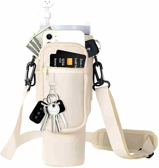 dabria Water Bottle Carrier Bag with Phone Pocket for Stanley 40/30 oz Tumbler Neoprene Water Bottle Holder Pouch with Adjustable Strap Bollus with Straw Cover & Carabiner for Stanley Cup Accessories