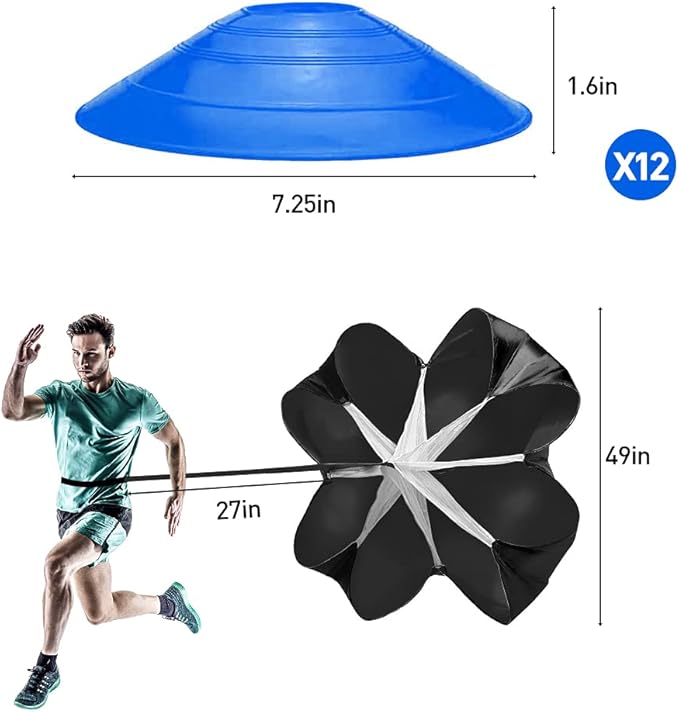 Pro Speed & Agility Training Set—Includes 12 Rung 20ft Adjustable Agility Ladder with Carrying Bag, 12 Disc Cones, 4 Steel Stakes, 1 Resistance Parachute, Use Equipment to Improve Footwork Any Sport