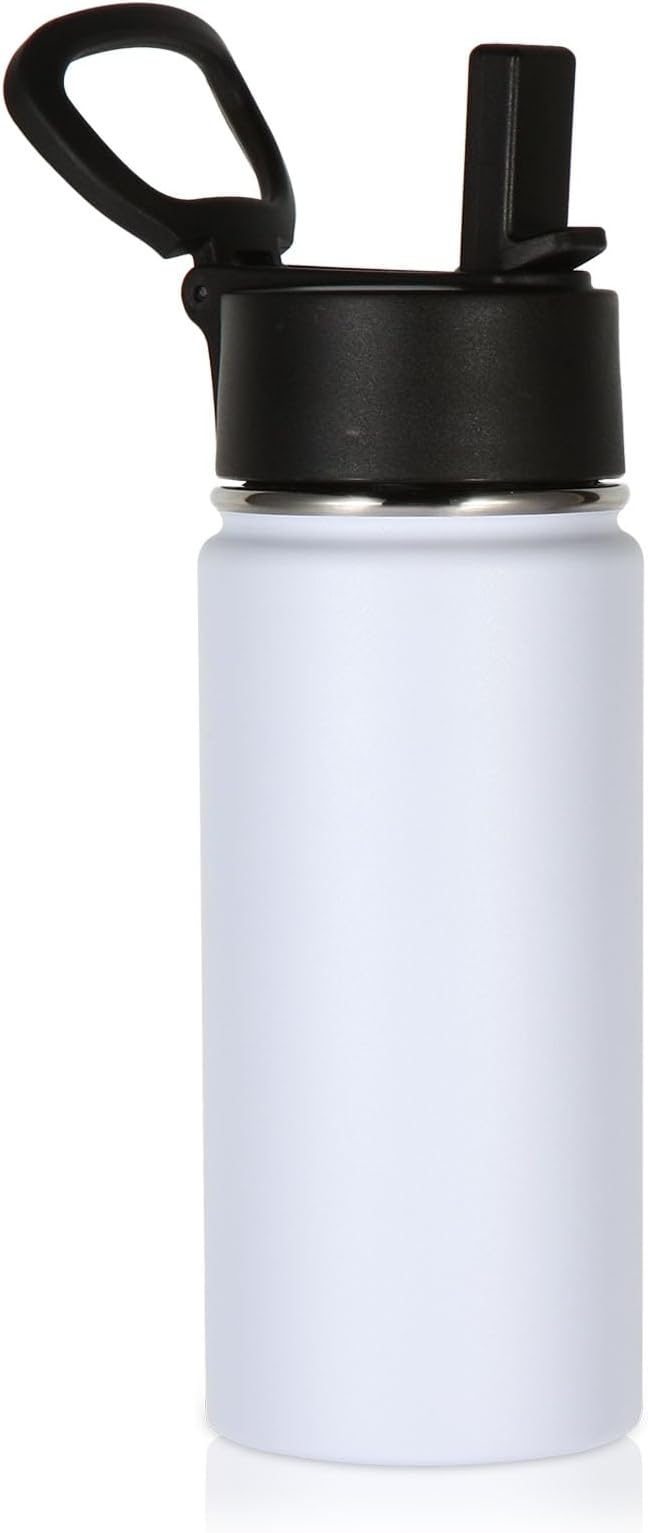 Volhoply Kids Insulated Water Bottle with Straw,16oz Stainless Steel Cold Water Bottles for School,BPA-Free Metal Wide Mouth Cups with Handle Lid,Reusable Double Wall Vacuum Sport Flask(White,1)