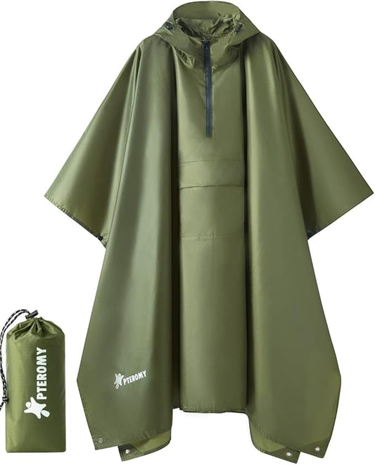 PTEROMY Hooded Rain Poncho for Adult with Pocket, Waterproof Lightweight Unisex Raincoat for Hiking Camping Emergency