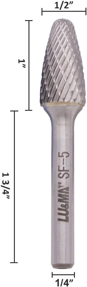 LU&MN SF-5 Tungsten Carbide Burr Tree Shape Radius End Double Cut Rotary Burr File (1/2” Cutter Dia X 1”Cutter Length) with 1/4'' Shank, 3PCS