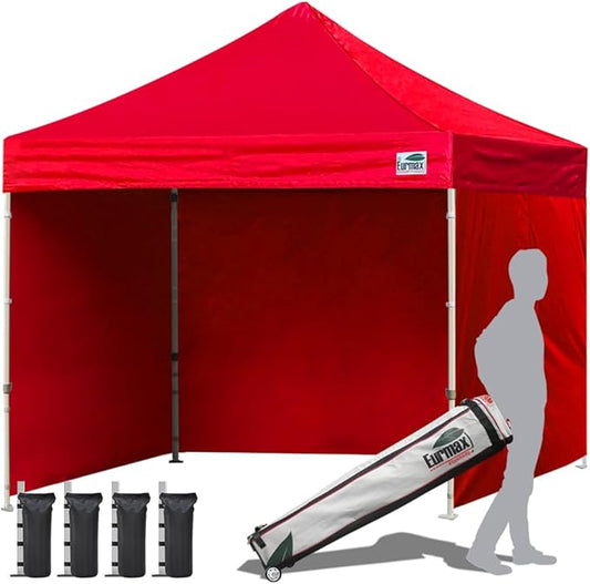 Eurmax USA 10'x10' Pop-up Canopy Tent Commercial Instant Canopies with 4 Removable Zipper End Side Walls and Roller Bag, Bonus 4 SandBags(Red)