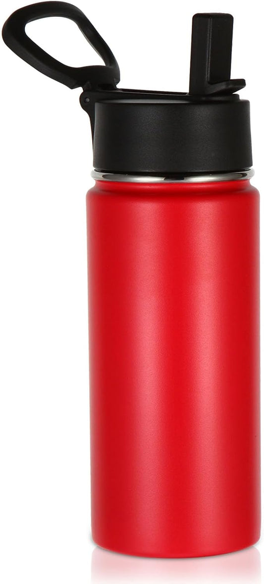 Volhoply Kids Insulated Water Bottle with Straw,16oz Stainless Steel Cold Water Bottles for School,BPA-Free Metal Wide Mouth Cups with Handle Lid,Reusable Double Wall Vacuum Sport Flask(Red,1)