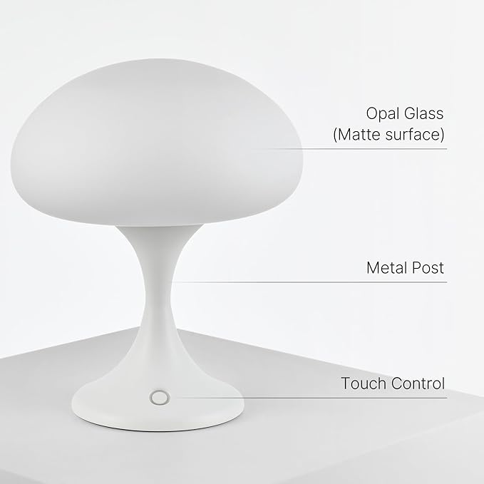 Mushroom Lamp, 5W LED Cordless Rechargeable Table Lamp with Glass Shade, Small Retro Dimmable Touch Light with 3 Color Temps, Aesthetic Mid Century Bedside Light for Bedroom Ambient, White