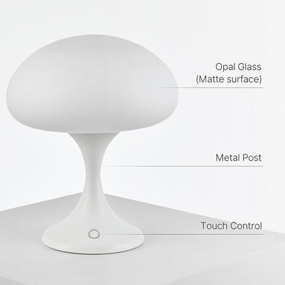 Mushroom Lamp, 5W LED Cordless Rechargeable Table Lamp with Glass Shade, Small Retro Dimmable Touch Light with 3 Color Temps, Aesthetic Mid Century Bedside Light for Bedroom Ambient, White