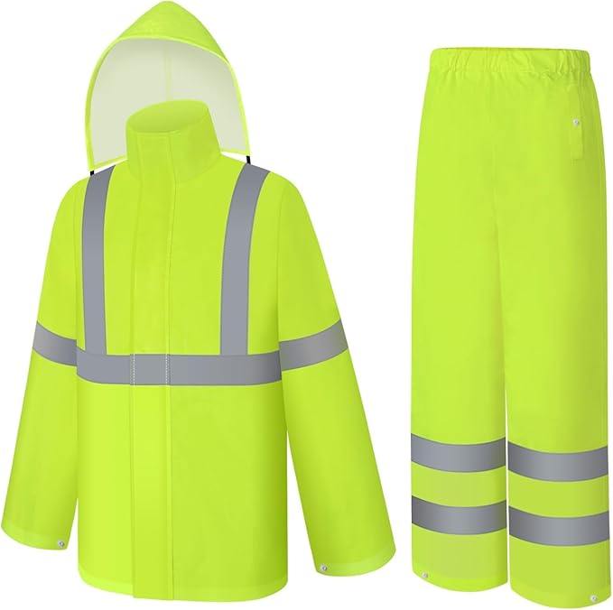 High Visibility Rain Suit and Pants, High Vis Rain Suit for Men, Waterproof Rain Jacket with Hood, Class 3 Lightweight Hi Vis Rain Gear for Outdoor& Safety Work, Men Women, Yellow B, 4XL-5XL