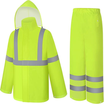 High Visibility Rain Suit and Pants, High Vis Rain Suit for Men, Waterproof Rain Jacket with Hood, Class 3 Lightweight Hi Vis Rain Gear for Outdoor& Safety Work, Men Women, Yellow B, 4XL-5XL