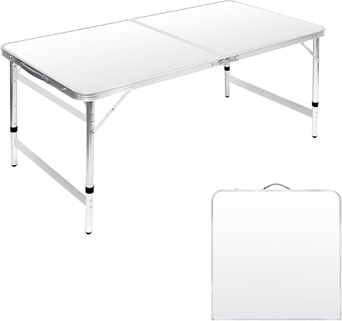 Camping Table Folding Table Portable Picnic Table 4FT Camp White Aluminum Outdoor for Card BBQ RV 47×23.6×27.5/24/21 inch
