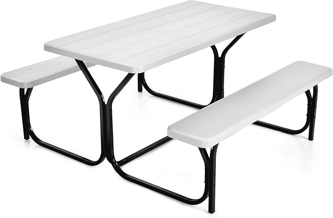 Tangkula Picnic Table Bench Set, Outdoor Picnic Table with 2 Benches, Metal Camping Table with Plastic Wood-Like Texture Tabletop & Steel Frame, Ideal for Picnic, Party, Garden, Lawn (White)
