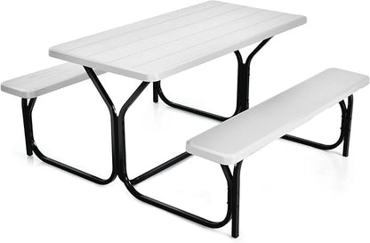 Tangkula Picnic Table Bench Set, Outdoor Picnic Table with 2 Benches, Metal Camping Table with Plastic Wood-Like Texture Tabletop & Steel Frame, Ideal for Picnic, Party, Garden, Lawn (White)