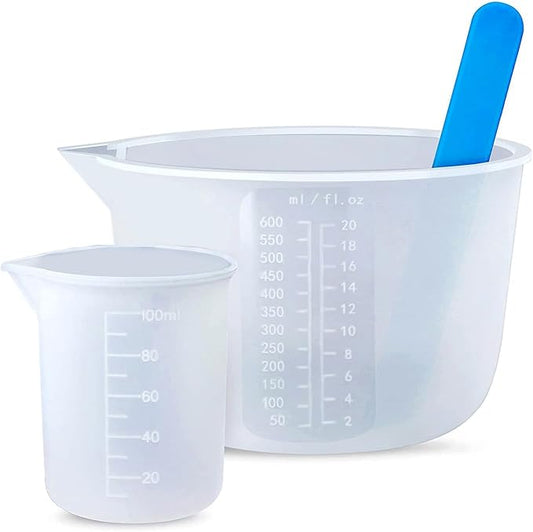 Silicone Measuring Cups for Epoxy Resin, Reusable Mixing Cups, Melt Stir Squeeze & Pour Measuring Cups Easy Clean for Molds, Jewelry, Candle Making (600ml/20OZ*1+100ml*1+ Sir Stick*1)