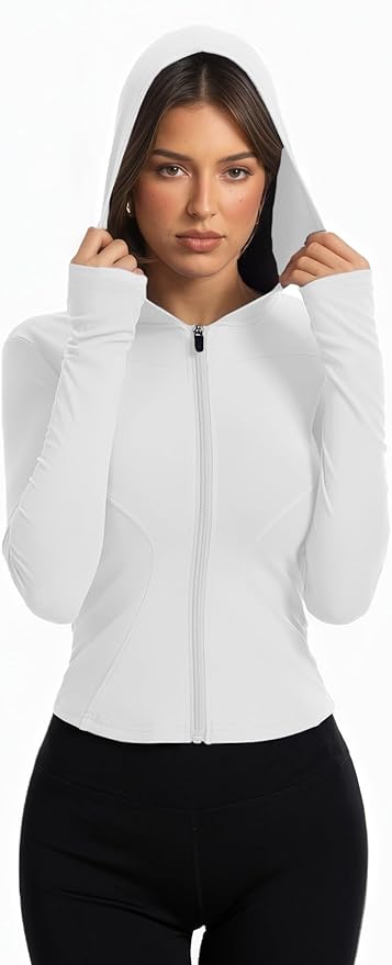 Women Bbl Jackets with Hood Compression Workout Tops Lined or Unlined Lightweight Yoga Gym Jacket with Thumb Hole