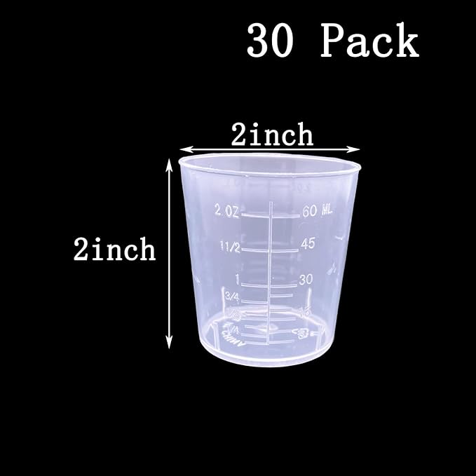 30 Pcs Plastic Graduated Cups, 60ml/2oz Clear Scale Cups with 50 Pcs Wooden Stirring Sticks for Epoxy, Resin, Stain, Mixing Paint