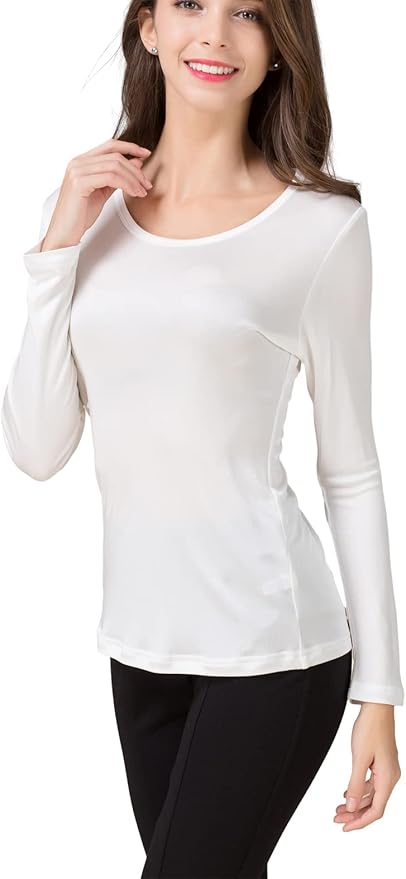 METWAY Women's Mulberry Silk T-Shirt Long Sleeve Pure Silk tee Shirt/Crew Neck Silk Blouse Undershirt