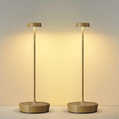 Cordless LED Table Lamp，Rechargeable Battery Desk Lamps, 3 Color Stepless Dimmable Metal Battery Table Lamps, Portable Waterproof Table Light for Indoor/Outdoor/Restaurant (2Pack Wood Grain)