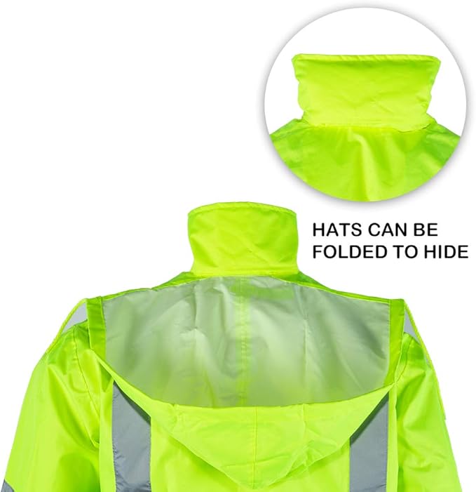 FONIRRA Class 3 High Visibility Rain Suit With Collapsible Hood Lime Reflective Safety Waterproof Worker Jacket & Pants (S/M Yellow)