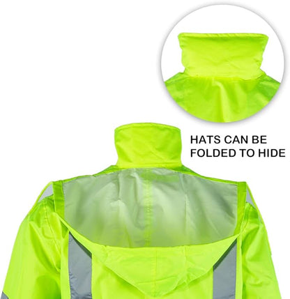 FONIRRA Class 3 High Visibility Rain Suit With Collapsible Hood Lime Reflective Safety Waterproof Worker Jacket & Pants (2XL/3XL Yellow)